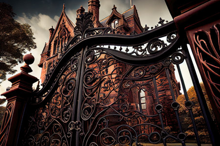 iron gates with intricate scrollwork, leading to gothic mansion, created with generative aiの素材