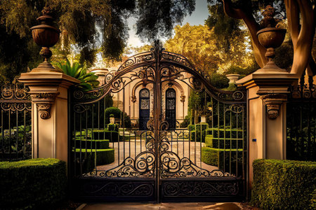 iron gates open, revealing majestic mansion and lush gardens within, created with generative aiの素材