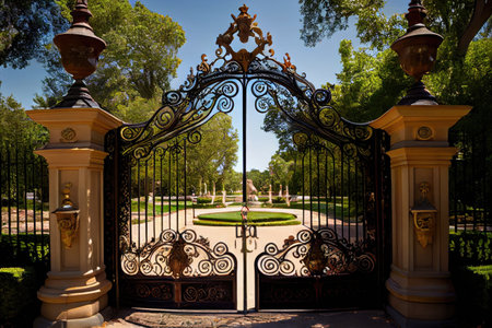 iron mansion gates, with view of serene garden and fountain, created with generative aiの素材