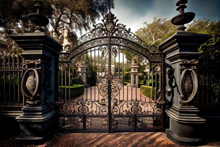 iron mansion gates, with view of serene garden and fountain, created with generative aiの素材