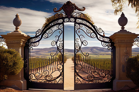 iron mansion gates, with a view of the rolling green hills and blue sky, that lead to grandiose estate, created with generative aiの素材