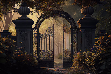 captivating view of weathered iron gates, surrounded by stunning gardens and towering trees, created with generative aiの素材