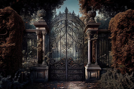 captivating view of weathered iron gates, surrounded by stunning gardens and towering trees, created with generative aiの素材