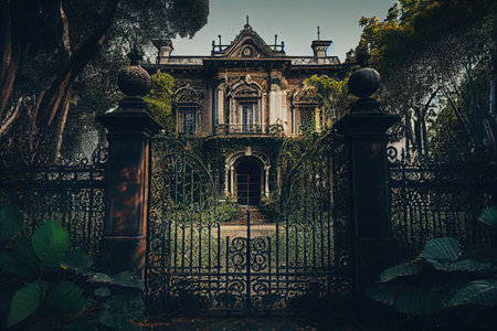 a grand mansion with imposing iron gates, surrounded by lush greenery, created with generative aiの素材
