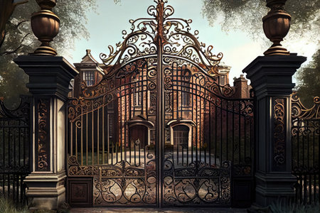 sturdy iron gates, with artistic scrollwork and detailed ornamentation, standing guard over grand manor house, created with generative aiの素材