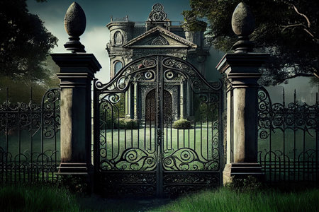 an iron mansion gate set against the backdrop of a rolling green lawn, created with generative aiの素材