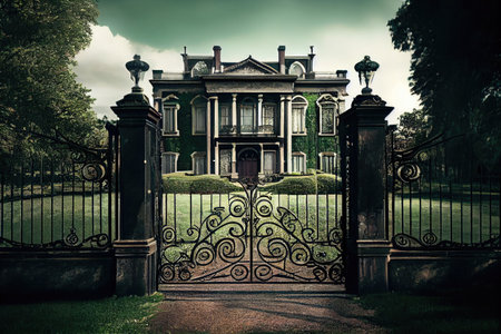 an iron mansion gate set against the backdrop of a rolling green lawn, created with generative aiの素材
