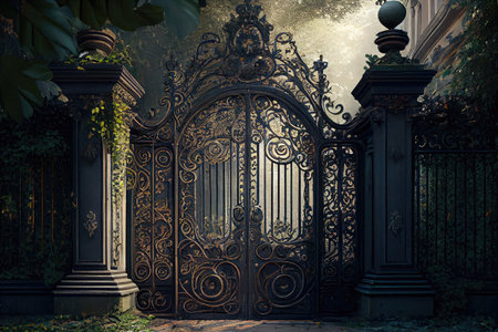old iron mansion gates, with intricate scrollwork and hinges, surrounded by lush greenery, created with generative aiの素材