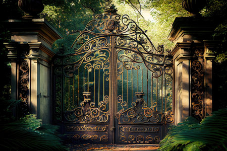 old iron mansion gates, with intricate scrollwork and hinges, surrounded by lush greenery, created with generative aiの素材