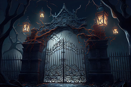 spooky iron gates, complete with lantern and cobweb, surrounded by black forest, created with generative aiの素材