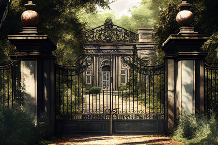 scenic view of iron mansion gates nestled in the woods, surrounded by greenery, created with generative aiの素材