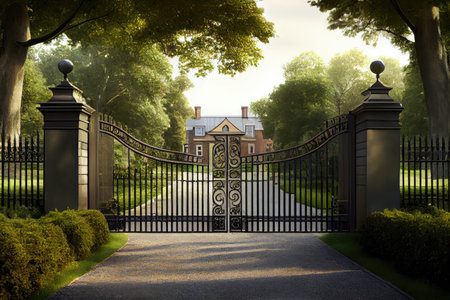 iron mansion gates, with view of manicured lawns and towering trees, in peaceful country setting, created with generative aiの素材