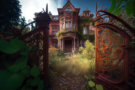 boarded-up mansion with rusty and broken gates, surrounded by overgrown garden, created with generative aiの素材