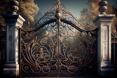 iron mansion gates with intricate metalworking and detailed scrollwork, created with generative aiの素材