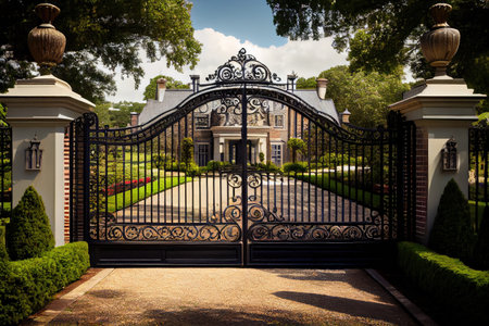 iron mansion gates, with view of sprawling estate, surrounded by manicured lawns and flowering gardens, created with generative aiの素材