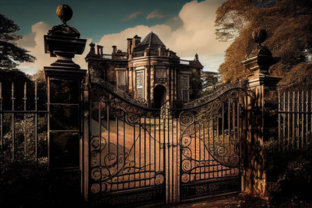 iron gates, with view of garden, leading to a grand manor house, created with generative aiの素材