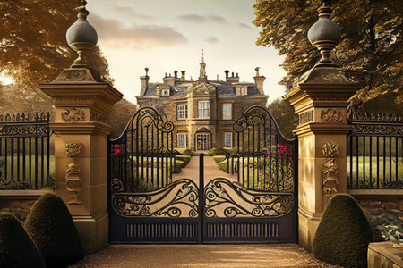 iron gates and manicured gardens, the entrance to a stately home, created with generative aiの素材