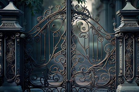iron gates, embedded with intricate and delicate scrollwork, leading to grand manor house, created with generative aiの素材