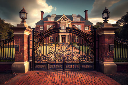 stately and grand iron mansion gates, with intricate detailing, that lead to opulent mansion estate, created with generative aiの素材