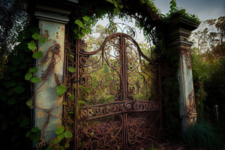 rusted iron gates, overgrown with vines and surrounded by lush greenery, created with generative aiの素材
