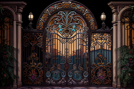 iron mansion gates with stained glass windows and intricate designs, created with generative aiの素材