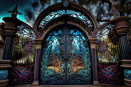 iron mansion gates with stained glass windows and intricate designs, created with generative aiの素材