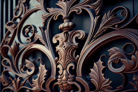 close-up of iron mansion gates, with intricate details visible, created with generative aiの素材