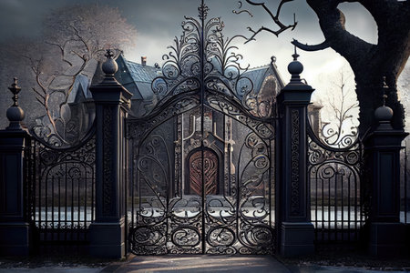iron gates, with intricate designs and patterns, open to reveal majestic mansion, created with generative aiの素材