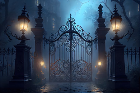 iron mansion gates, with misty fog and lanterns, for a spooky and mysterious vibe, created with generative aiの素材