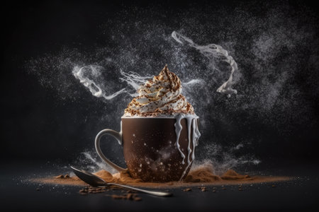 a steaming mug of hot chocolate, topped with whipped cream and a sprinkle of cinnamon, created with generative aiの素材