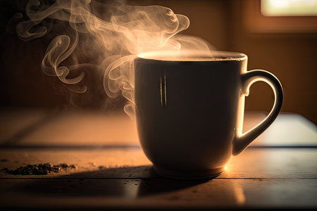close-up of warm and inviting mug, with steam rising from the hot beverage, created with generative aiの素材