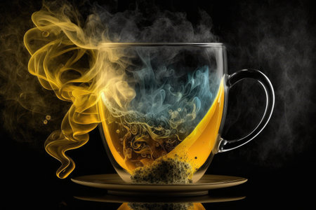 clear and yellow with black steam coming from a hot drink, created with generative aiの素材