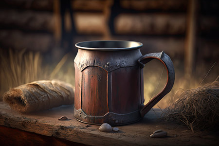 simple, rustic iron mug with heartwarming hot beverage in the background, created with generative aiの素材