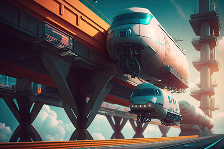 photoshopped image of futuristic cargo transport system, with sleek and streamlined vehicles traveling on elevated track, created with generative aiの素材