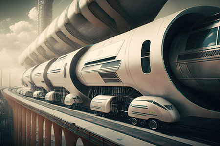 photoshopped image of futuristic cargo transport system, with sleek and streamlined vehicles traveling on elevated track, created with generative aiの素材