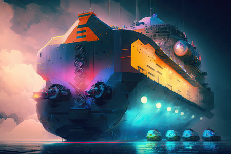 autonomous cargo ship docking at futuristic spaceport, with colorful lights and futuristic architecture, created with generative aiの素材