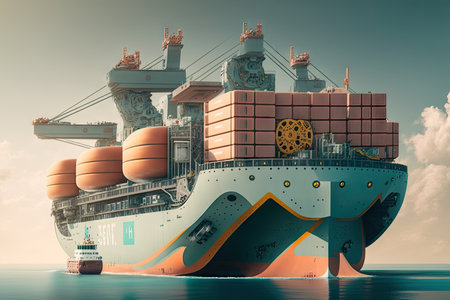 autonomous cargo ship docking at port, with containers being unloaded, created with generative aiの素材