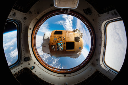 autonomous cargo shuttle docked at space station, with view of the earth visible through the window, created with generative aiの素材