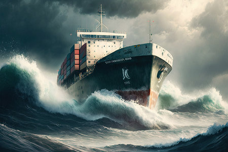 autonomous cargo vessel transporting goods through stormy seas, created with generative aiの素材