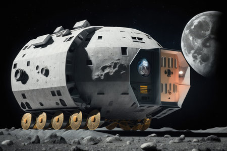 autonomous cargo transport flies past the moon, on its way to distant planet, created with generative aiの素材