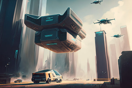 autonomous cargo transport system in a futuristic city, with towering skyscrapers and flying cars, created with generative aiの素材