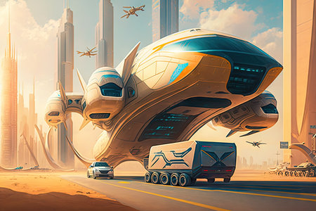 autonomous cargo transport system in a futuristic city, with towering skyscrapers and flying cars, created with generative aiの素材