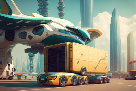 autonomous cargo transport system in a futuristic city, with towering skyscrapers and flying cars, created with generative aiの素材