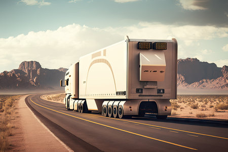 autonomous cargo truck driving along a highway, transporting goods to their destination, created with generative aiの素材