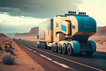 autonomous cargo truck driving along a highway, transporting goods to their destination, created with generative aiの素材