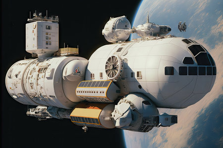 autonomous cargo transportation system, transporting goods to and from space station, created with generative aiの素材