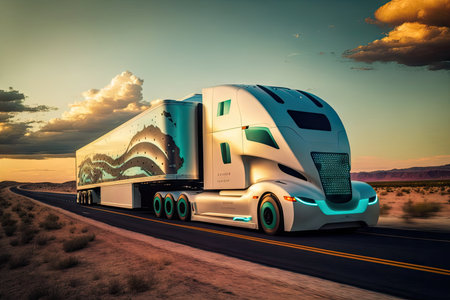 autonomous truck transporting cargo along a busy highway, created with generative aiの素材