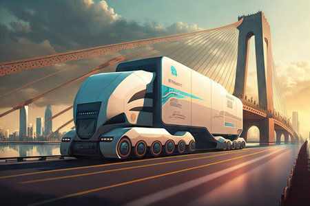 autonomous cargo transport on futuristic bridge, with view of the city skyline in the background, created with generative aiの素材