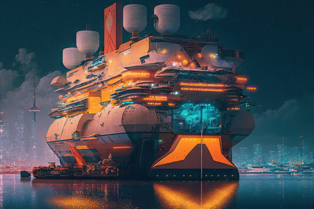 autonomous cargo ship is docked at futuristic megacity, with vibrant nightlife and commerce, created with generative aiの素材