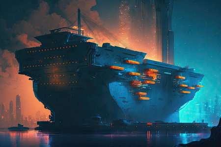 autonomous cargo ship is docked at futuristic megacity, with vibrant nightlife and commerce, created with generative aiの素材